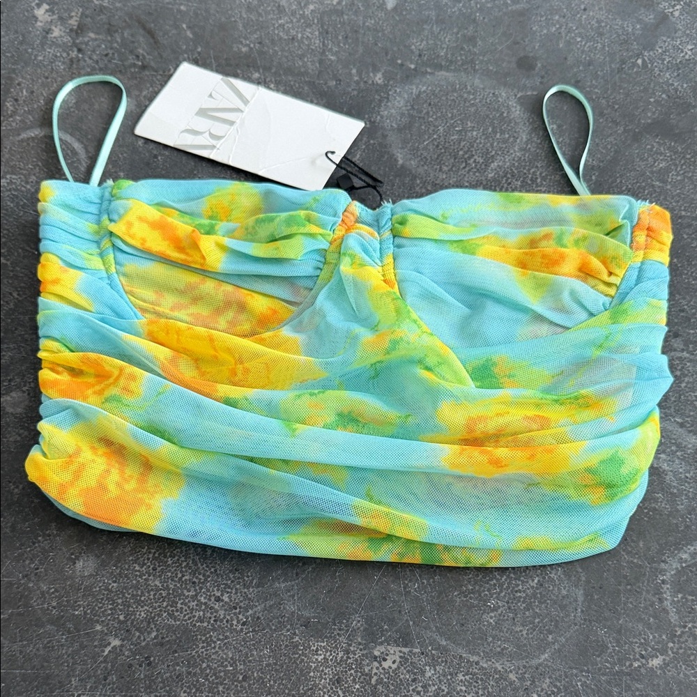 Zara Blue and Yellow Floral Ruched cropped top NWT